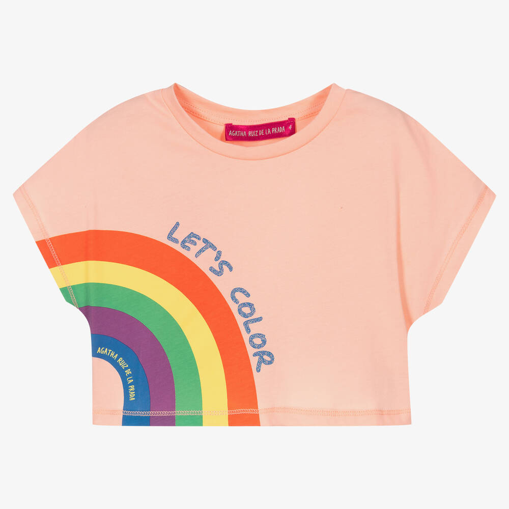Agatha Ruiz de la Prada Girls Pink Cropped Cotton Rainbow T-Shirt