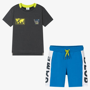 Boboli Boys Grey & Blue Cotton Gaming Shorts Set