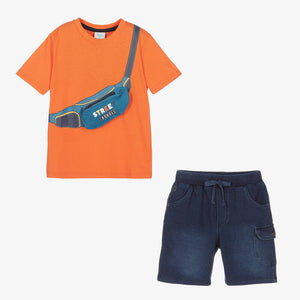 Boboli Boys Orange & Blue Cotton Shorts Set
