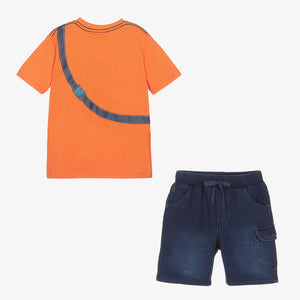 Boboli Boys Orange & Blue Cotton Shorts Set