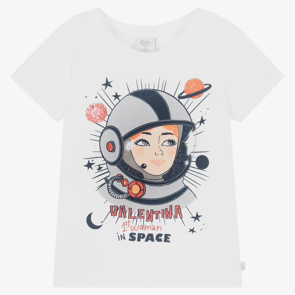 Boboli Girls White Cotton Astronaut T-Shirt