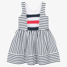 Load image into Gallery viewer, Boboli Girls White &amp; Navy Blue Striped Dress
