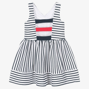 Boboli Girls White & Navy Blue Striped Dress