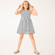 Load image into Gallery viewer, Boboli Girls White &amp; Navy Blue Striped Dress

