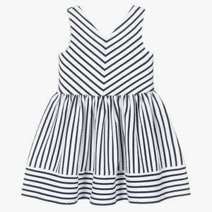 Boboli Girls White & Navy Blue Striped Dress