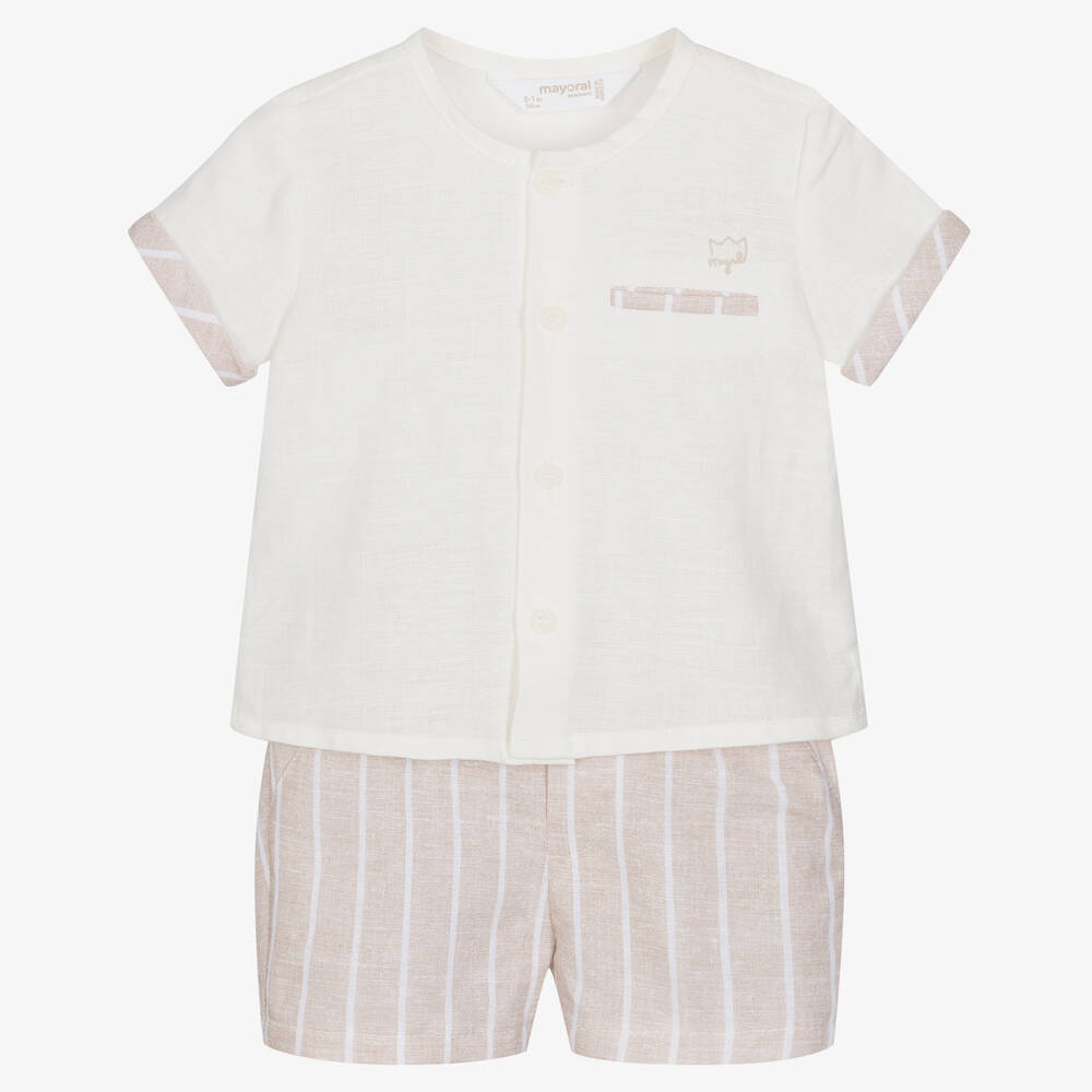 Mayoral Baby Boys Ivory & Beige Linen Shorts Set