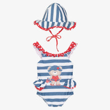 Load image into Gallery viewer, Mayoral Baby Girls Blue Striped Swimsuit &amp; Hat Set
