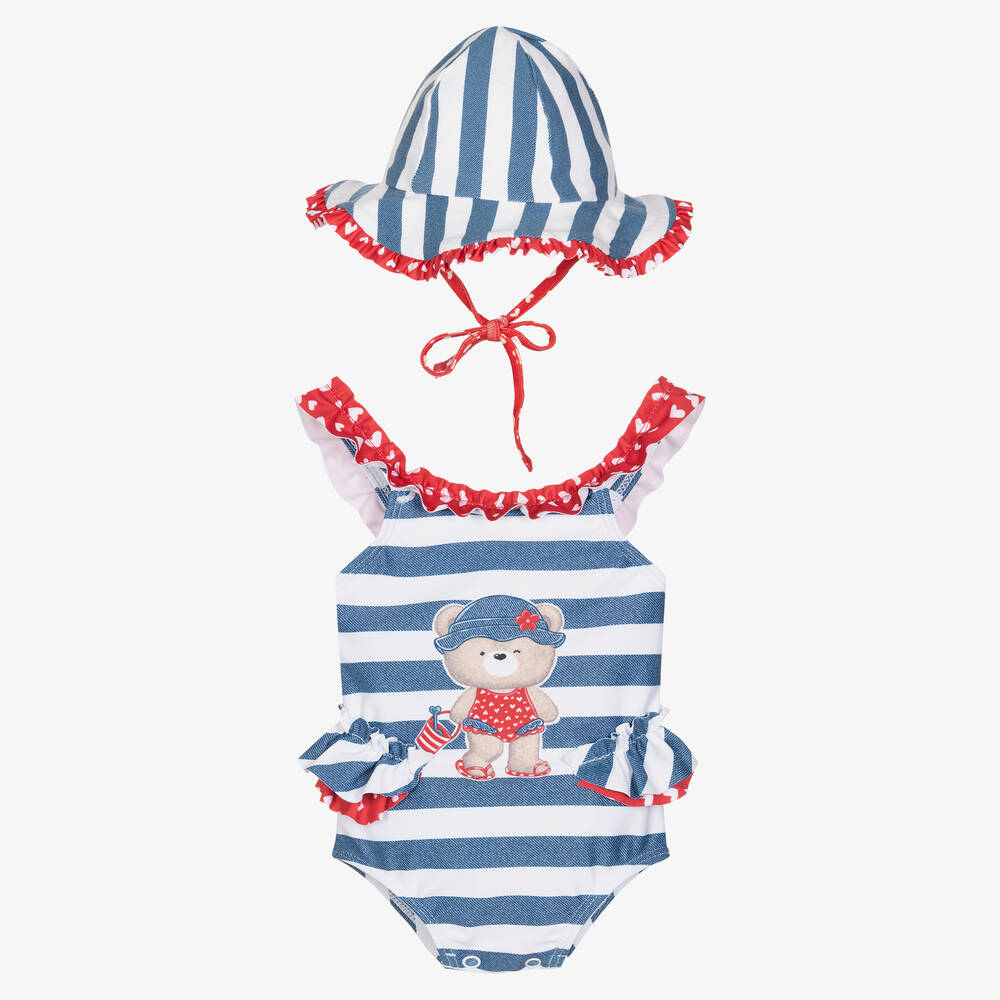 Mayoral Baby Girls Blue Striped Swimsuit & Hat Set