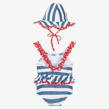 Load image into Gallery viewer, Mayoral Baby Girls Blue Striped Swimsuit &amp; Hat Set
