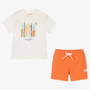 Mayoral Boys White & Orange Cotton Shorts Set
