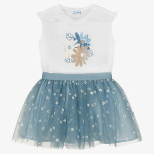 Mayoral Girls Blue Floral Tulle Skirt Set