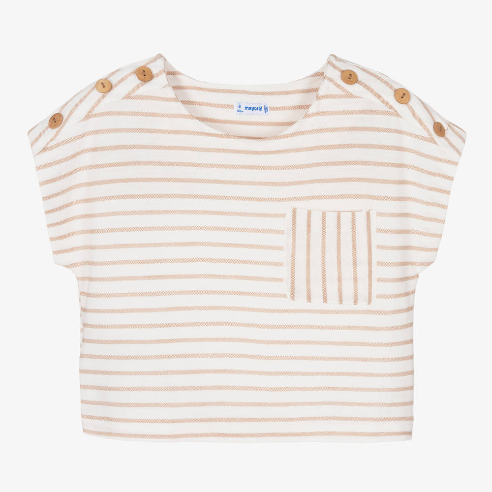 Mayoral Girls Ivory & Beige Cotton Striped T-Shirt