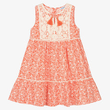 Load image into Gallery viewer, Mayoral Girls Orange Floral Print &amp; Crochet Cotton Dress
