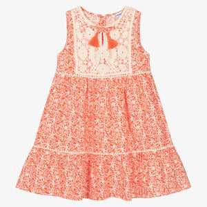 Mayoral Girls Orange Floral Print & Crochet Cotton Dress