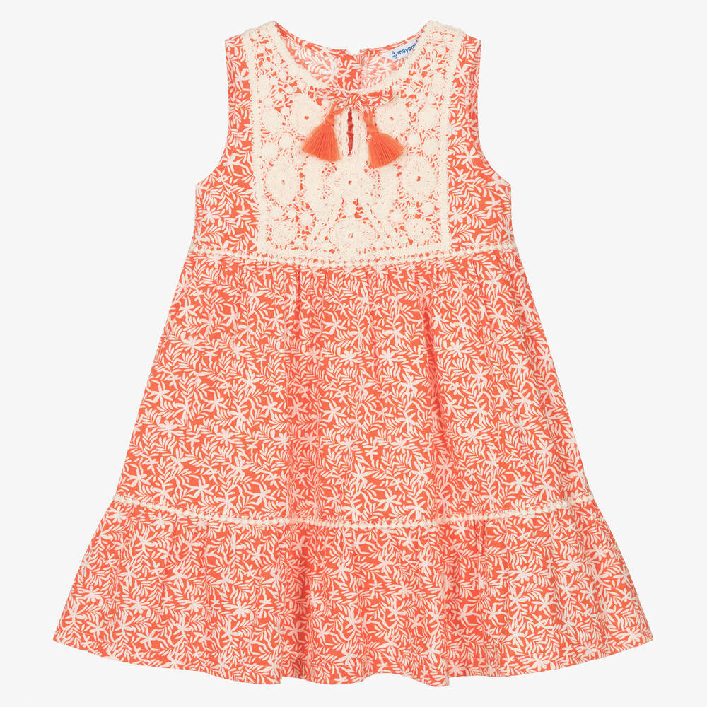Mayoral Girls Orange Floral Print & Crochet Cotton Dress
