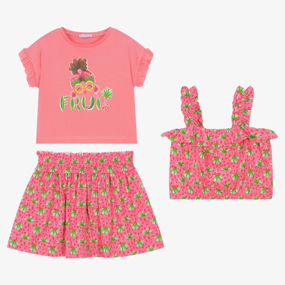 Mayoral Girls Pink Cotton Palm Tree Skirt Set