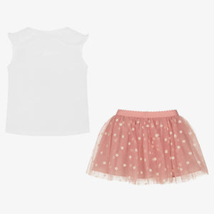 Mayoral Girls Pink Floral Tulle Skirt Set