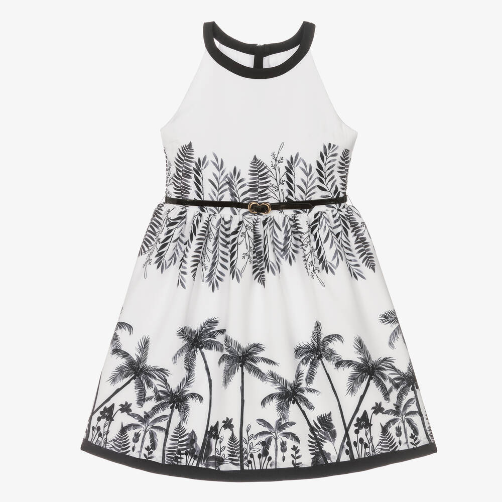 Mayoral Girls White & Black Tropical Print Dress
