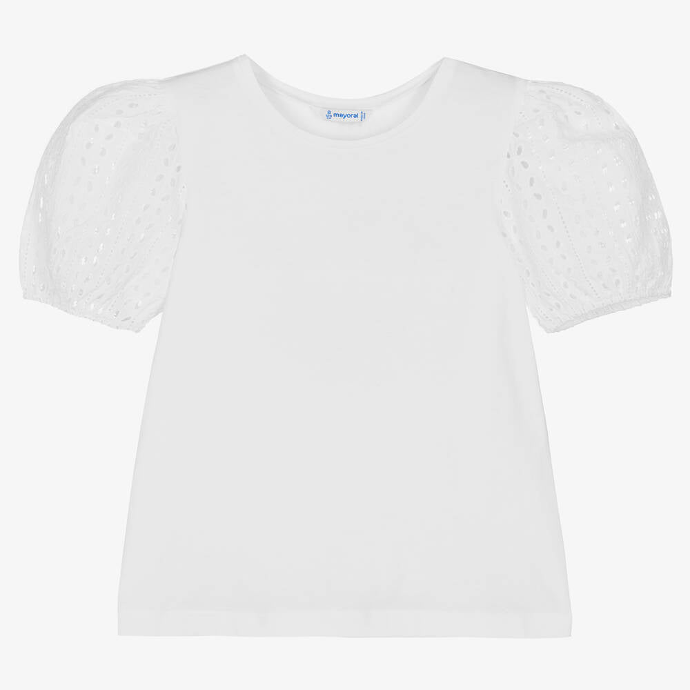 Mayoral Girls White Cotton Puff Sleeve T-Shirt