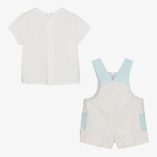 Load image into Gallery viewer, Tutto Piccolo Boys Beige &amp; Blue Dungaree Set
