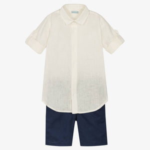 Tutto Piccolo Boys Ivory & Blue Linen Shorts Set