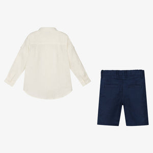 Tutto Piccolo Boys Ivory & Blue Linen Shorts Set