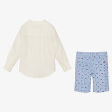 Load image into Gallery viewer, Tutto Piccolo Boys Ivory &amp; Blue Linen Shorts Set

