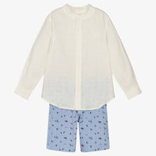 Load image into Gallery viewer, Tutto Piccolo Boys Ivory &amp; Blue Linen Shorts Set
