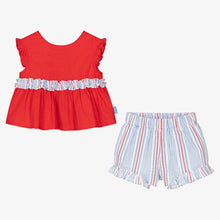 Load image into Gallery viewer, Tutto Piccolo Girls Blue &amp; Red Cotton Shorts Set
