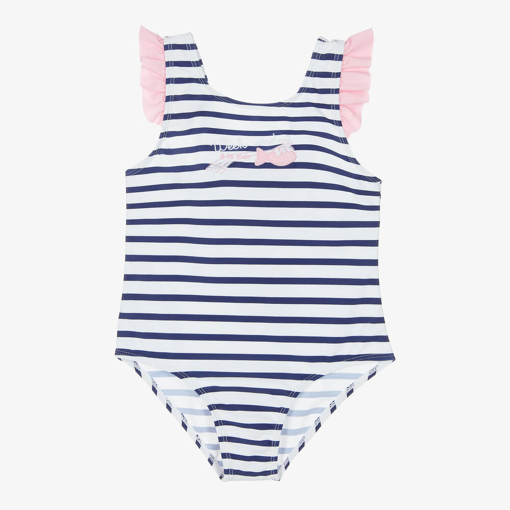 Week-end  la mer Girls White & Blue Breton Stripe Swimsuit